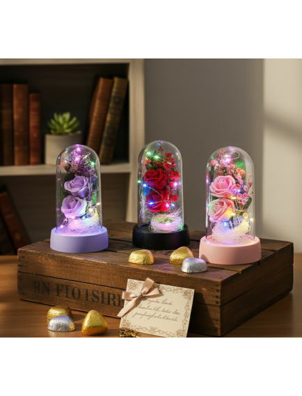 Işıklı Müzikli Romantik Fanus Tekli Gül