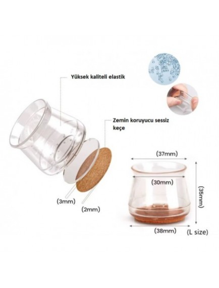 4'lü Keçeli Şeffaf Silikon Sandalye Ayak Koruyucu Seti