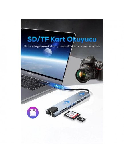 Type C Girişli 8 Port Dönüştürücü Ve Çoklayıcı