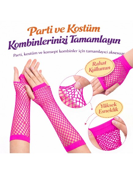 Retro Neon Fuşya File Parmaksız Eldiven 26 cm
