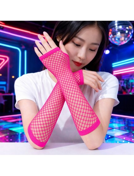 Retro Neon Fuşya File Parmaksız Eldiven 26 cm