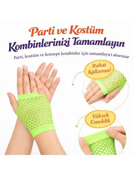 Retro Neon Yeşil File Parmaksız Kısa Eldiven 11 cm