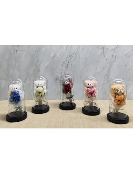 Işıklı Müzikli Fanus içinde Sevimli Ayıcıklı Gül Buketi