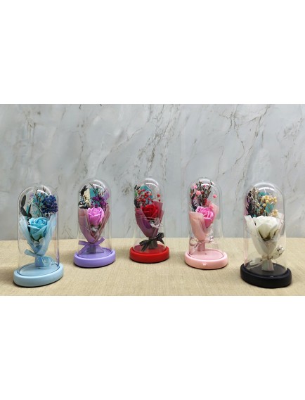 Işıklı Müzikli Cam Fanus İçinde Lavantalı Romantik Gül