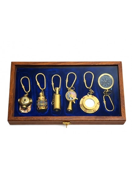 Ahşap Kutulu Denizci Temalı Pirinç Anahtarlık Seti