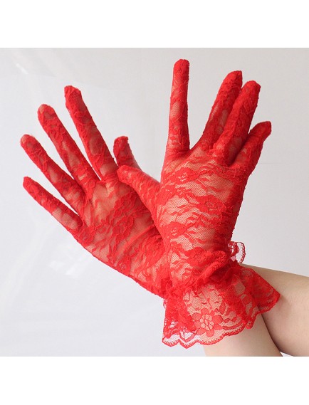 Kırmızı Dantelli Eldiven Yetişkin