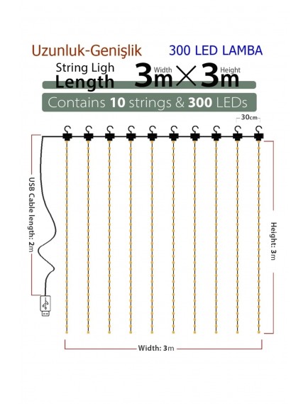 8 Fonksiyonlu Peri Perde Led Uzaktan Kumandalı Günışığı Perde Peri Led (3 mt x 3 mt)