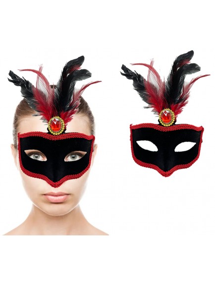 Kırmızı Tüylü Siyah Süet Kaplama Parti Maskesi
