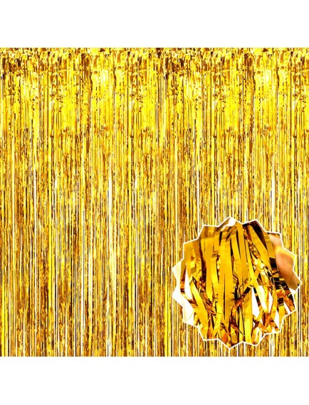 Ekstra Metalize Parlak Saçaklı Arka Fon Perde Gold