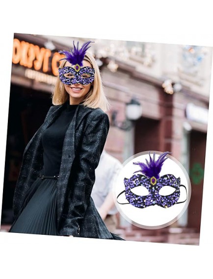 Siyah Kadife Payetli Pullu Mor Tüylü Parti Maskesi