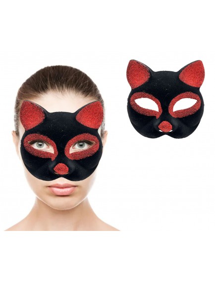 Siyah Kırmızı Simli Süet Kedi Maskesi
