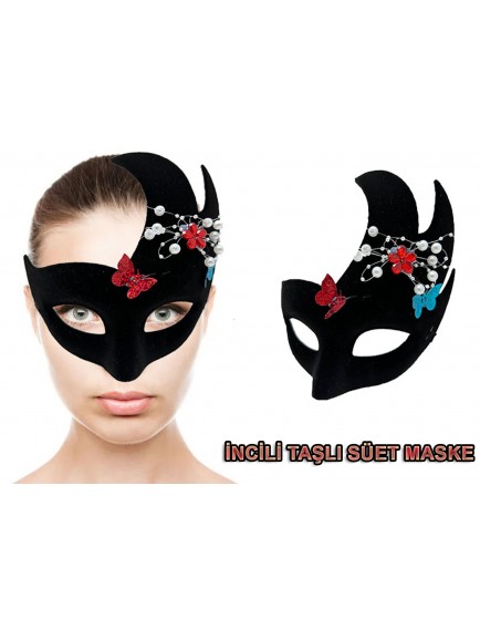 Siyah İncili Taşlı Süet Venedik Parti Maskesi