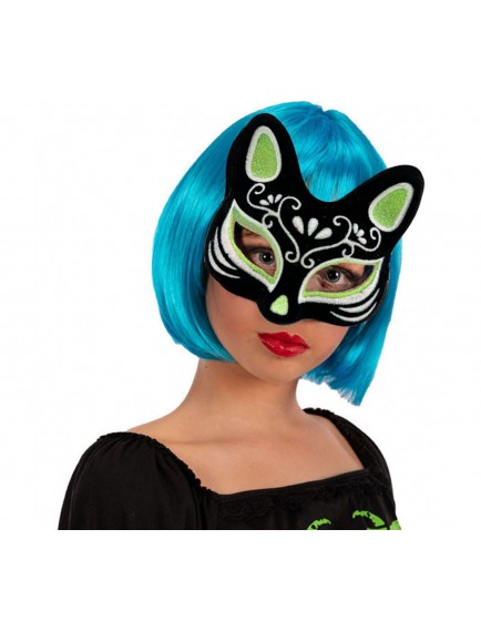 Siyah Süet Kaplama Gümüş Yeşil Simli Kedi Maskesi