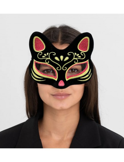 Siyah Süet Kırmızı Sarı Simli Kedi Maskesi
