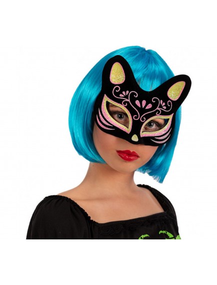 Siyah Süet Sarı Pembe Simli Kedi Maskesi