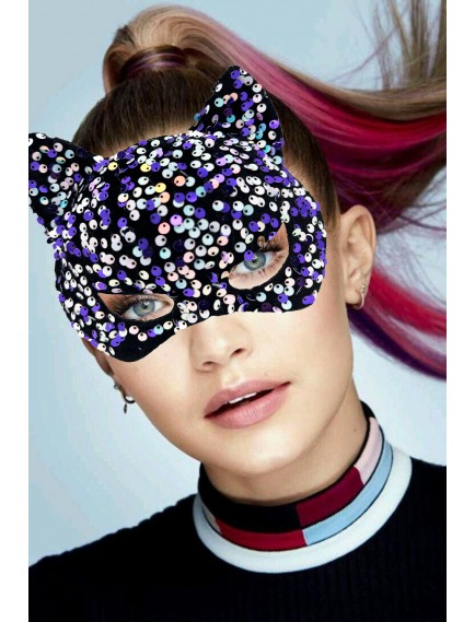 Siyah Kadife Mor Beyaz Pullu Parti Maskesi