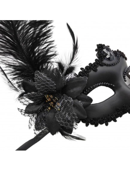 Siyah Mat Renk Yandan Tüylü Güllü Parti Balo Venedik Maskesi