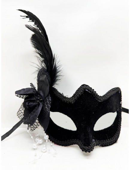 Siyah Süet Yandan Tüylü İncili Parti Maskesi