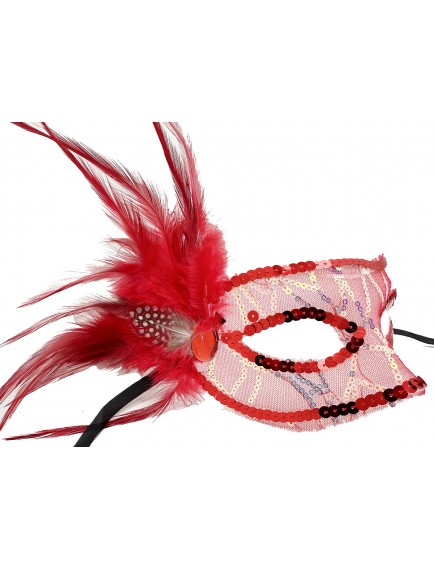 Kırmızı Yandan Tüylü Payetli Parti Maskesi