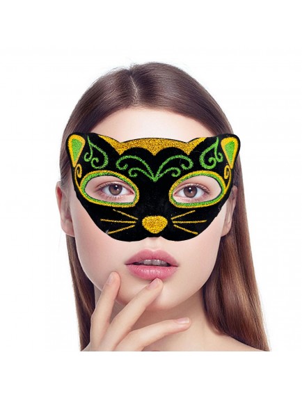 Siyah Kadife Sarı Yeşil Simli Kedi Maskesi