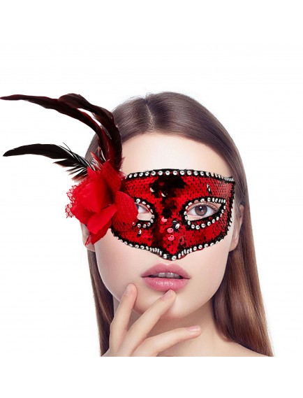 Kırmızı Yandan Tüylü Güllü Taşlı Pullu Maske
