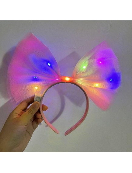 Rengarenk Led Işıklı Fiyonk Tül Parti Tacı Pembe