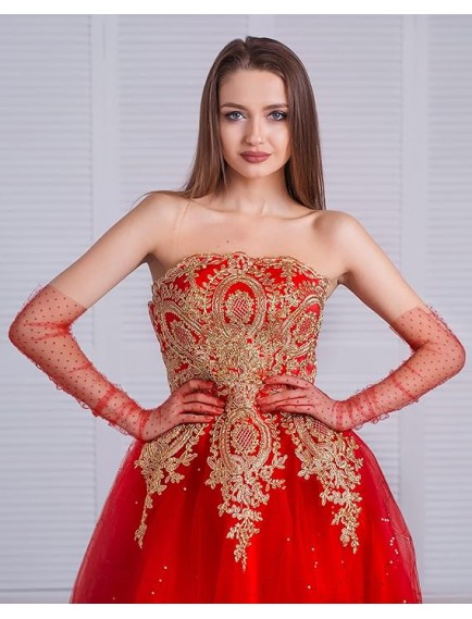 Uzun Boy Kırmızı Puantiyeli Kırmızı Renk Yetişkin Tül Eldiven