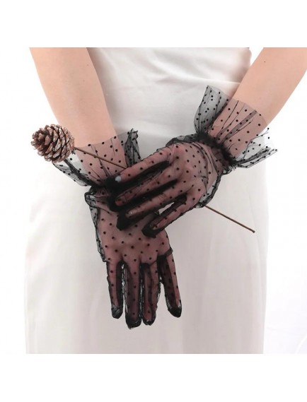 Kısa Güpürlü Siyah Puantiyeli Tül Eldiven