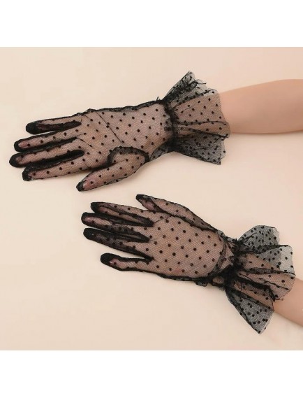 Kısa Güpürlü Siyah Puantiyeli Tül Eldiven