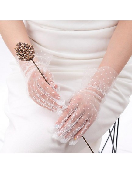 Kısa Boy Güpürlü Beyaz Puantiyeli Tül Eldiven