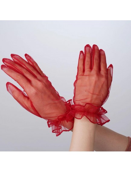 Kısa Boy Likralı Güpürlü Yetişkin Tül Eldiven Kırmızı Renk