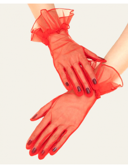 Kısa Boy Likralı Güpürlü Yetişkin Tül Eldiven Kırmızı Renk