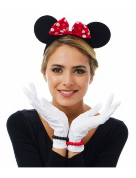 Kırmızı Fiyonklu Minnie Mouse Tacı ve Beyaz Eldiven Seti