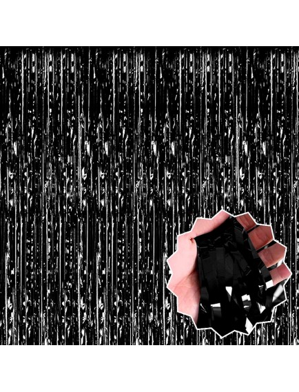 Ekstra Metalize Parlak Saçaklı Arka Fon Perde Siyah