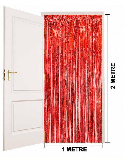 Ekstra Metalize Parlak Saçaklı Arka Fon Perde Kırmızı