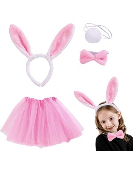 Pembe Tavşan Çocuk Kostüm Seti- Taç, Etek, Papyon, Kuyruk