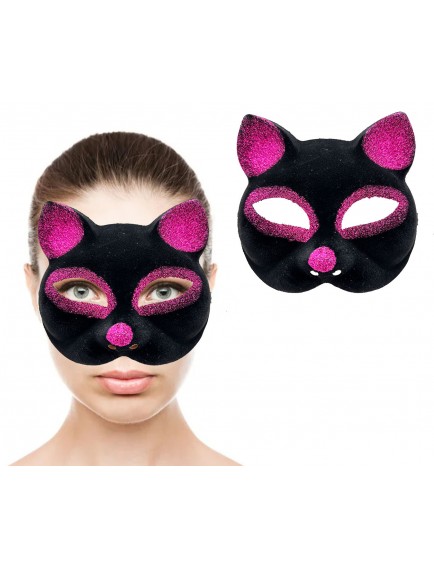 Siyah Fuşya Simli Süet Kedi Maskesi