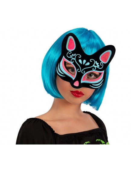 Siyah Süet Mavi Kırmızı Simli Kedi Maskesi
