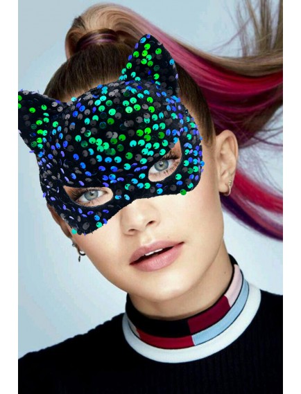 Siyah Kadife Mavi Yeşil Parti Maskesi