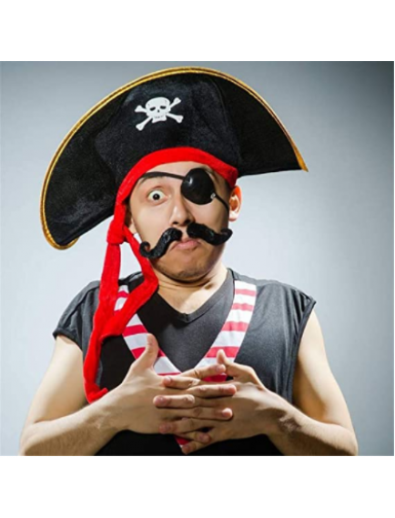 Yetişkin Boy Kadife Kaptan Jack Sparrow Korsan Şapkası ve Plastik Korsan Göz Maskesi