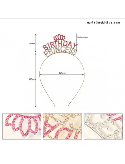 Kristal Taşlı Birthday Princess Yazılı Parti Tacı Pembe Renk