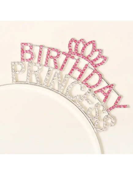 Kristal Taşlı Birthday Princess Yazılı Parti Tacı Pembe Renk