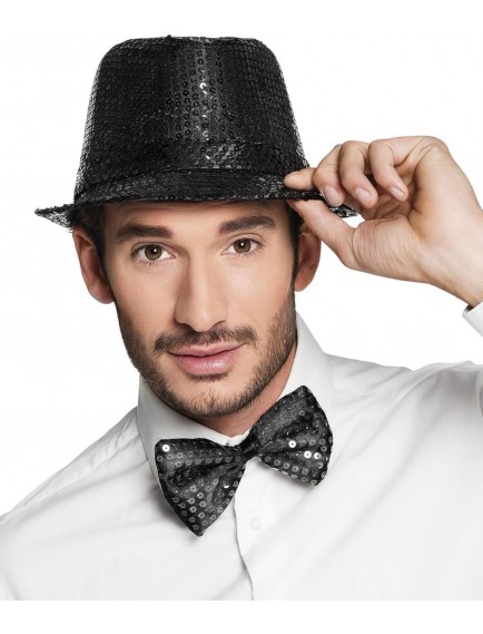 Siyah Payetli Şapka ve Papyon Seti – Parıltılı Yetişkin Kostüm Seti