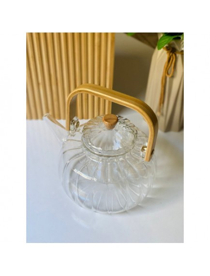 Ahşap Saplı Cam Çizgili Demlik