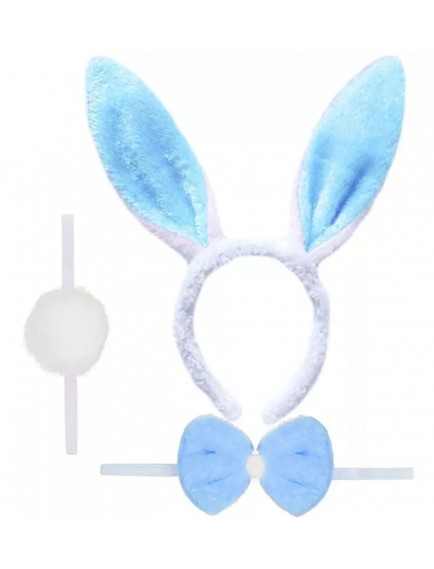Tavşan Kostüm Seti Mavi Renk - Taç, Papyon, Ponpon, Kuyruk