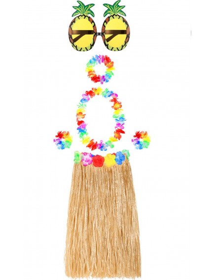 Hawaii Parti Kostüm Seti - 60 cm Hasır Etek, Çiçekli Aksesuarlar ve Ananas Gözlük