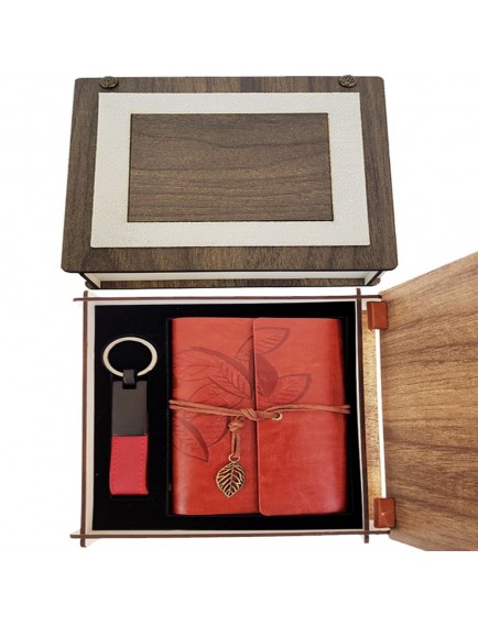 Özel Ahşap Kutulu Kiremit Rengi Deri Defter ve Anahtarlık Set
