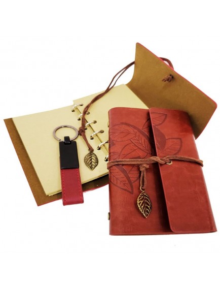 Özel Ahşap Kutulu Kiremit Rengi Deri Defter ve Anahtarlık Set
