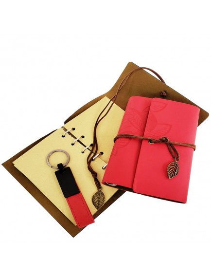Özel Ahşap Kutulu Kırmızı Deri Defter ve Anahtarlık Seti