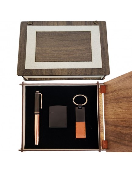 Özel Ahşap Kutulu Bakır Roller Kalem, Anahtarlık ve Çakmak Set